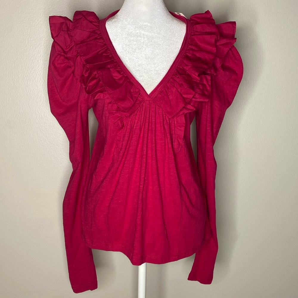 NWT! Anthropologie Ruffled V-Neck Fuschia Top - Size XS